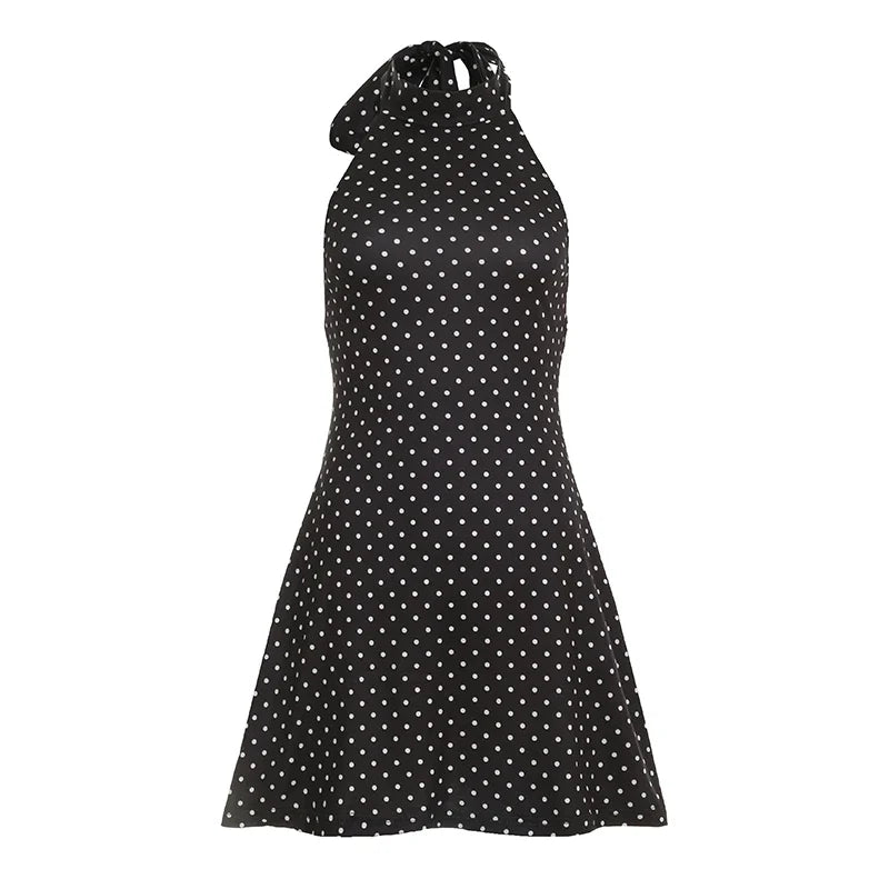 Races Dress Mini Polka Dot, Halter Neck Slim Fit Dress for Spring Racing Carnival and Parties, Black, Sizes S to L, Sayreene