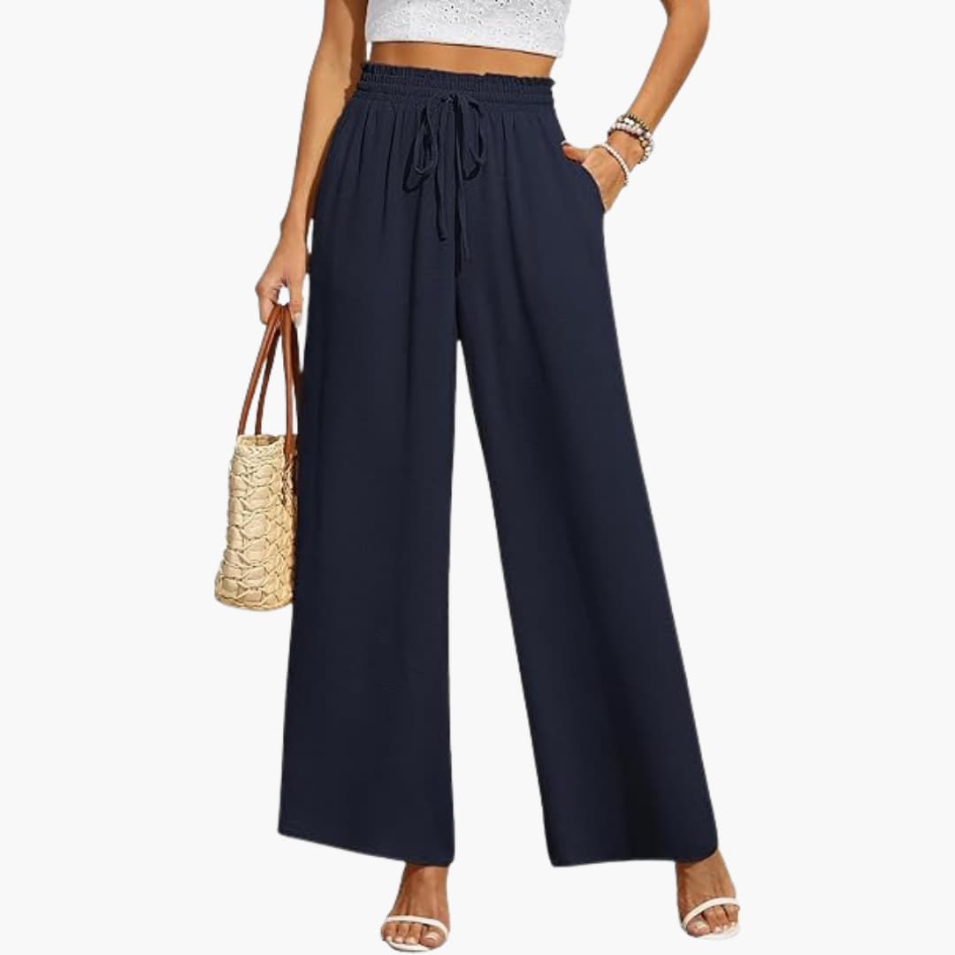 Wide Leg Pants Women, High Waisted Drawstring Pants for Work and Weekend, Fluid Drape Side Pockets, Eleven Colours, Sizes S to 2XL, Sayreene