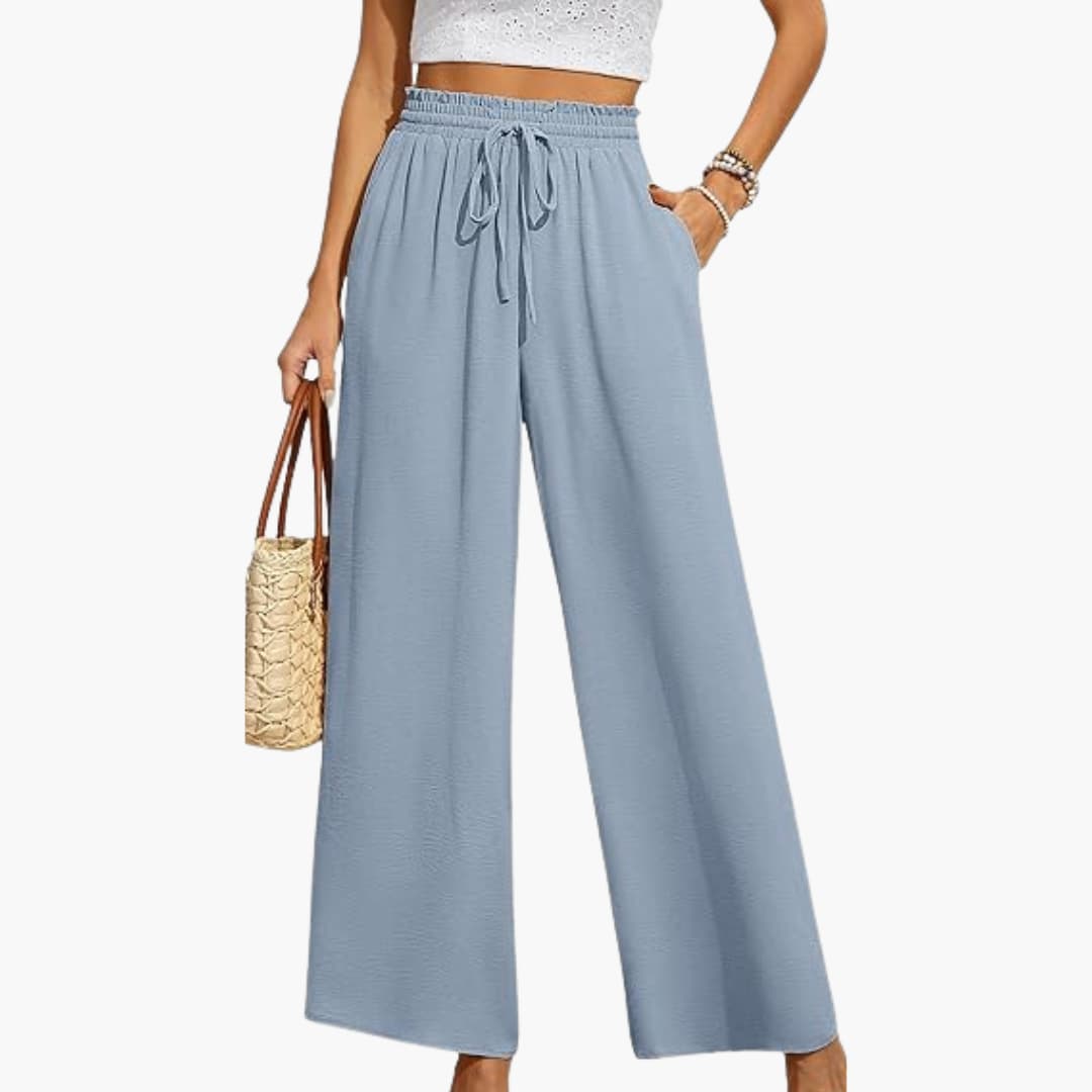 Wide Leg Pants Women, High Waisted Drawstring Pants for Work and Weekend, Fluid Drape Side Pockets, Eleven Colours, Sizes S to 2XL, Sayreene