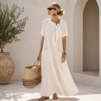Holiday Dress Women Midi, Tie Neck Summer Dress for Beach and Resort Wear, Relaxed Breathable Fit, Five Colours, Sizes S to 3XL, Sayreene