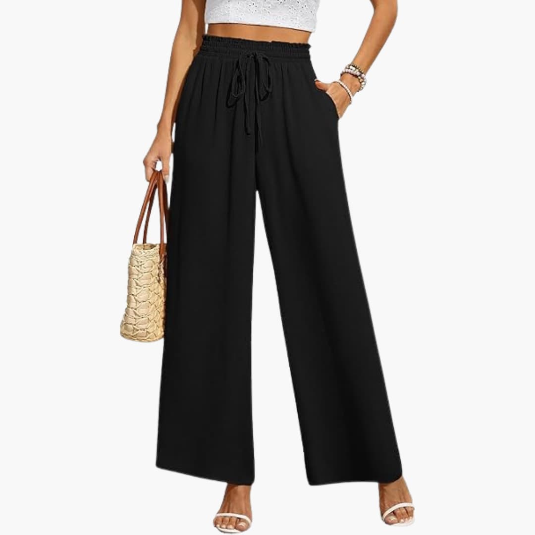 Wide Leg Pants Women, High Waisted Drawstring Pants for Work and Weekend, Fluid Drape Side Pockets, Eleven Colours, Sizes S to 2XL, Sayreene