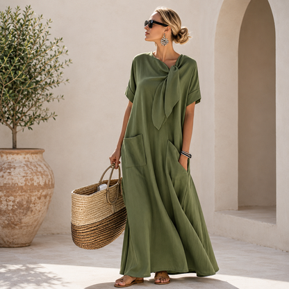 Holiday Dress Women Midi, Tie Neck Summer Dress for Beach and Resort Wear, Relaxed Breathable Fit, Five Colours, Sizes S to 3XL, Sayreene