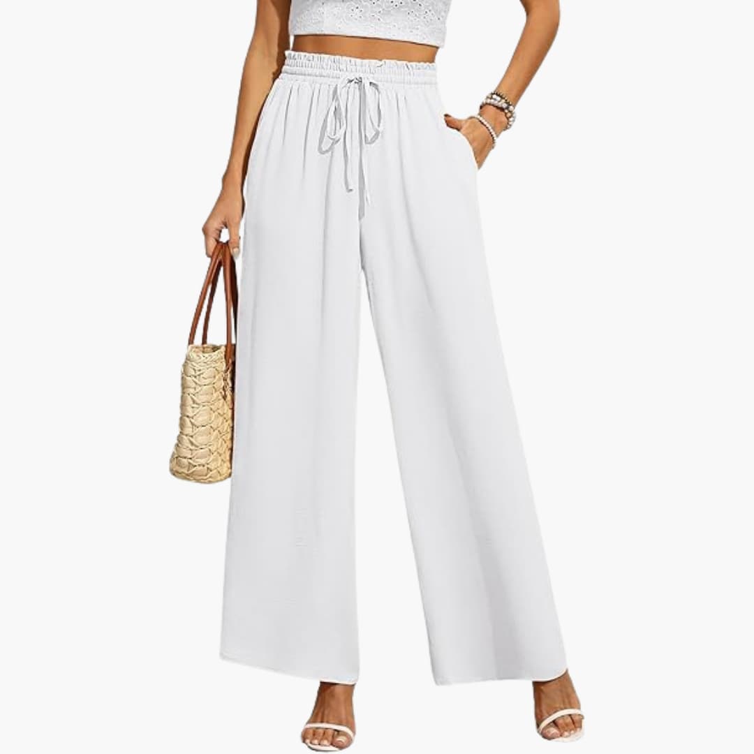 Wide Leg Pants Women, High Waisted Drawstring Pants for Work and Weekend, Fluid Drape Side Pockets, Eleven Colours, Sizes S to 2XL, Sayreene