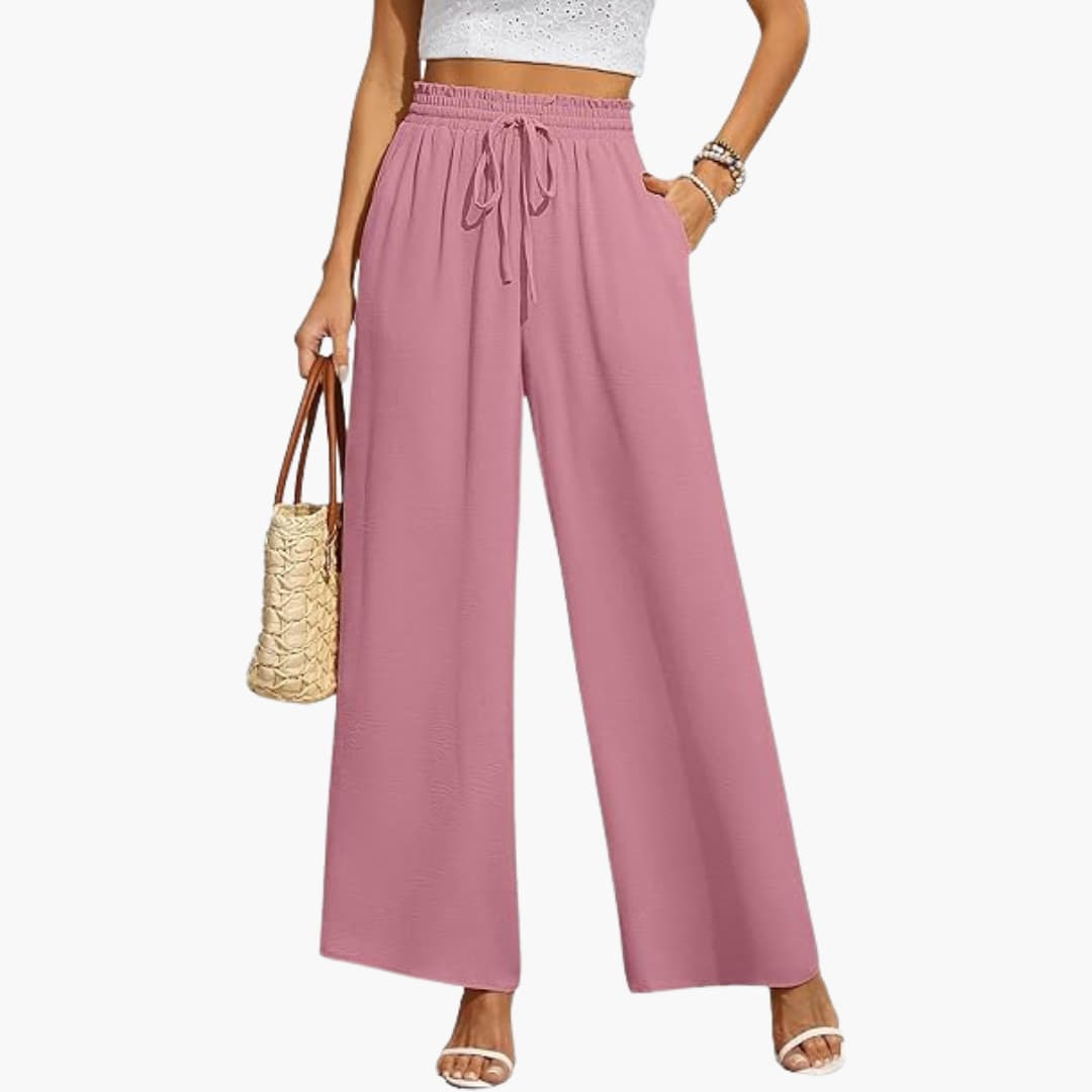 Wide Leg Pants Women, High Waisted Drawstring Pants for Work and Weekend, Fluid Drape Side Pockets, Eleven Colours, Sizes S to 2XL, Sayreene