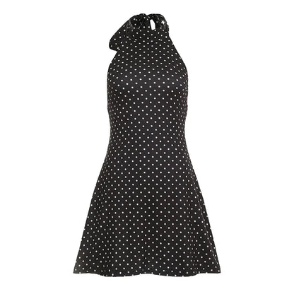 Races Dress Mini Polka Dot, Halter Neck Slim Fit Dress for Spring Racing Carnival and Parties, Black, Sizes S to L, Sayreene