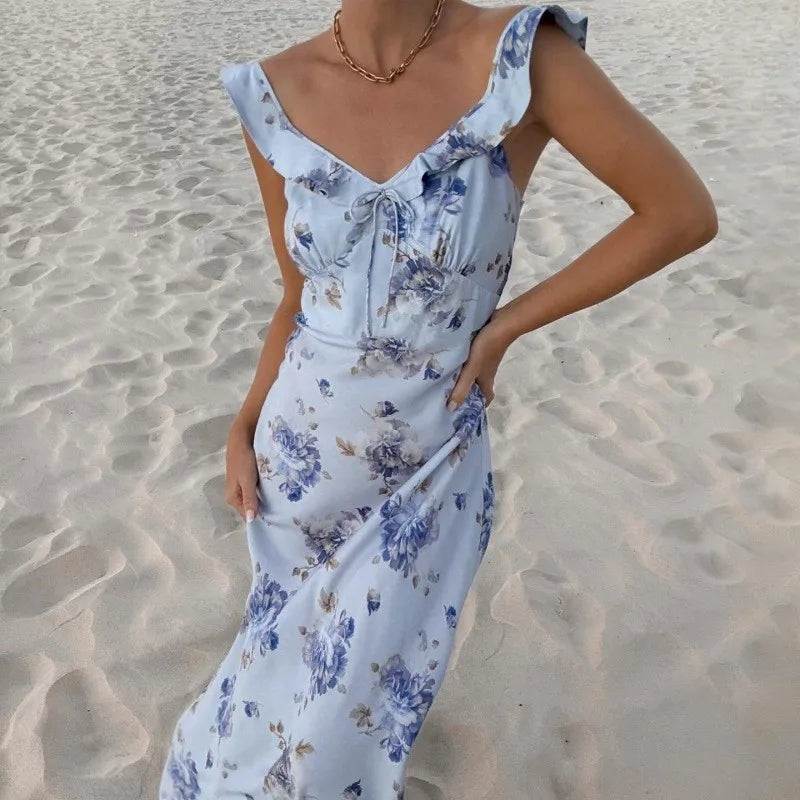 Beach Dress Women, Sleeveless Backless Summer Dress for Resort and Poolside, Lightweight Printed Cotton, Blue or Yellow, Sizes S to L, Sayreene