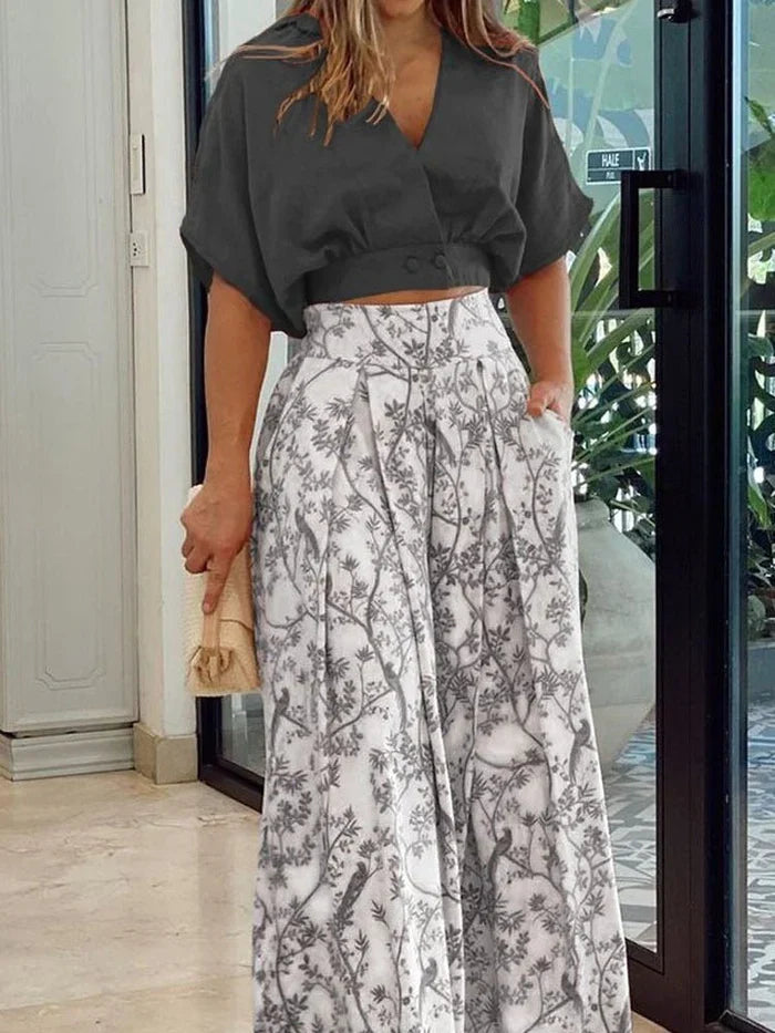 Matching Set Women, Wrap V Neck Top and Wide Leg Pants for Holidays and Events, Fluid Lightweight Drape, Four Colours, Sizes S to 2XL, Sayreene