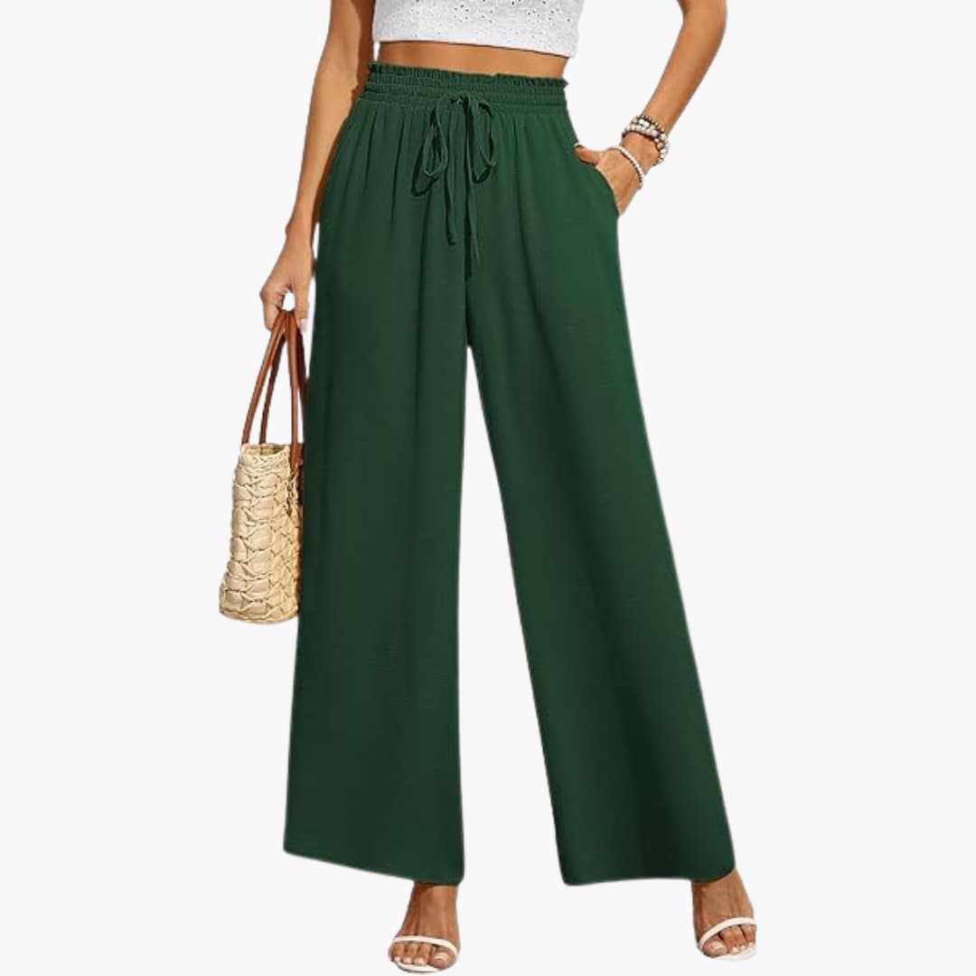 Wide Leg Pants Women, High Waisted Drawstring Pants for Work and Weekend, Fluid Drape Side Pockets, Eleven Colours, Sizes S to 2XL, Sayreene