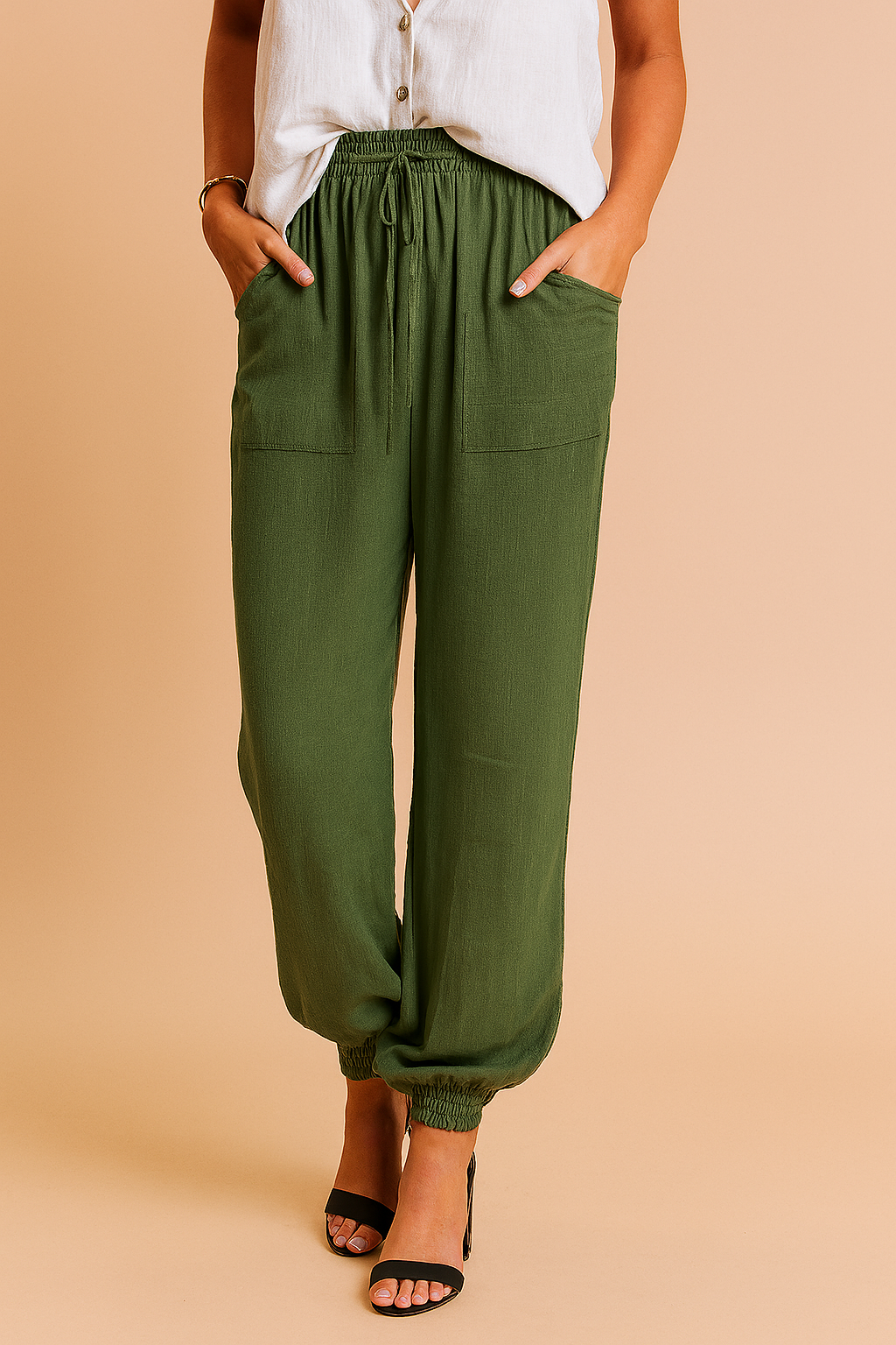 Tapered Pants Women, Elastic Waist Trousers with Adjustable Ties for Everyday Wear, Loose Relaxed Fit, Three Colours, Sizes S to 2XL, Sayreene