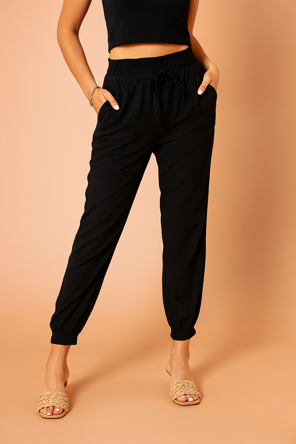 Tapered Pants Women, Elastic Waist Trousers with Adjustable Ties for Everyday Wear, Loose Relaxed Fit, Three Colours, Sizes S to 2XL, Sayreene