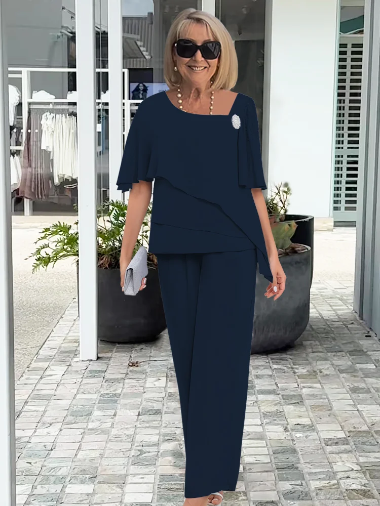 Co Ord Set Women, Wide Sleeve Top and Tailored Pants for Work and Weekend, Relaxed Elegant Drape, Light or Navy Blue, Sizes S to 3XL, Sayreene