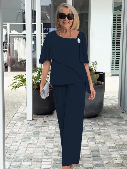 Co Ord Set Women, Wide Sleeve Top and Tailored Pants for Work and Weekend, Relaxed Elegant Drape, Light or Navy Blue, Sizes S to 3XL, Sayreene