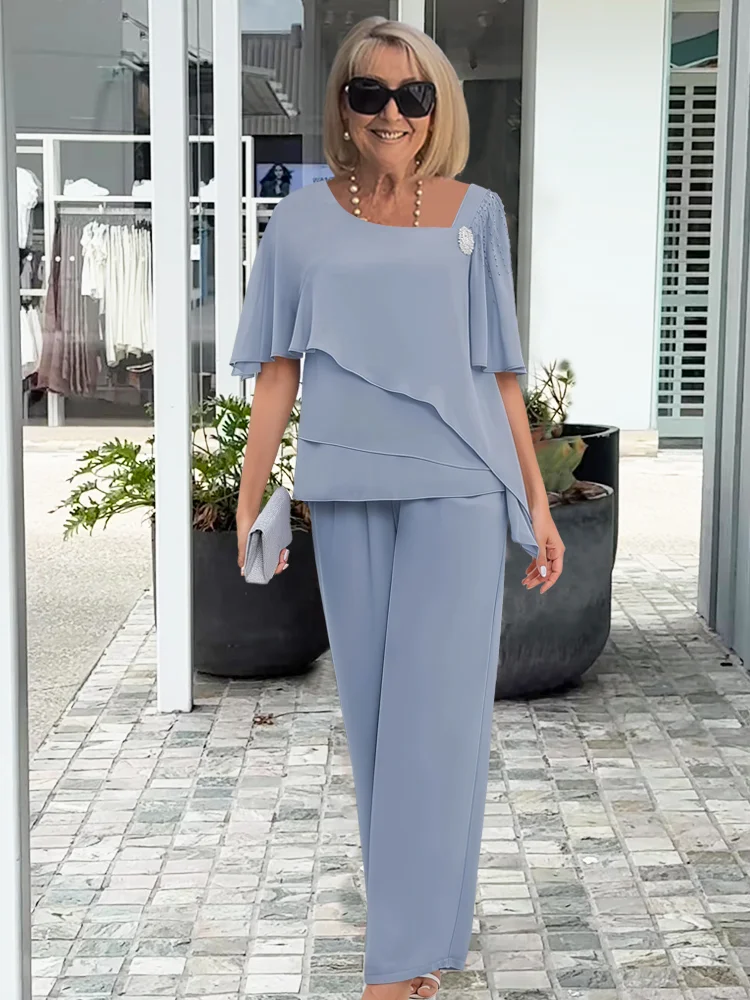 Co Ord Set Women, Wide Sleeve Top and Tailored Pants for Work and Weekend, Relaxed Elegant Drape, Light or Navy Blue, Sizes S to 3XL, Sayreene