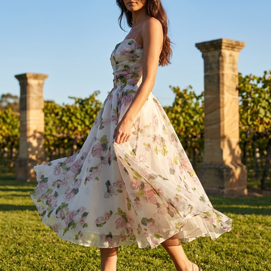 Mirabelle floral midi dress side profile in motion