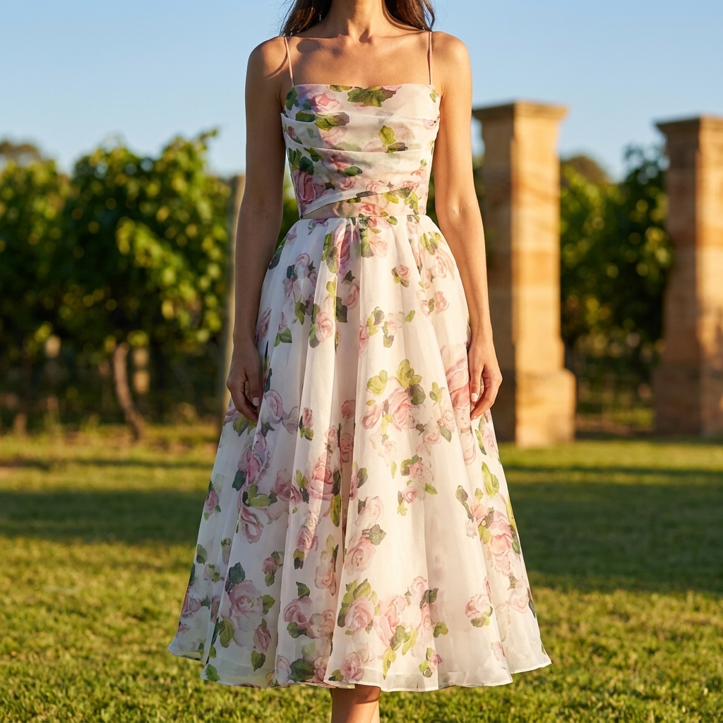 Mirabelle floral midi dress at a vineyard wedding reception