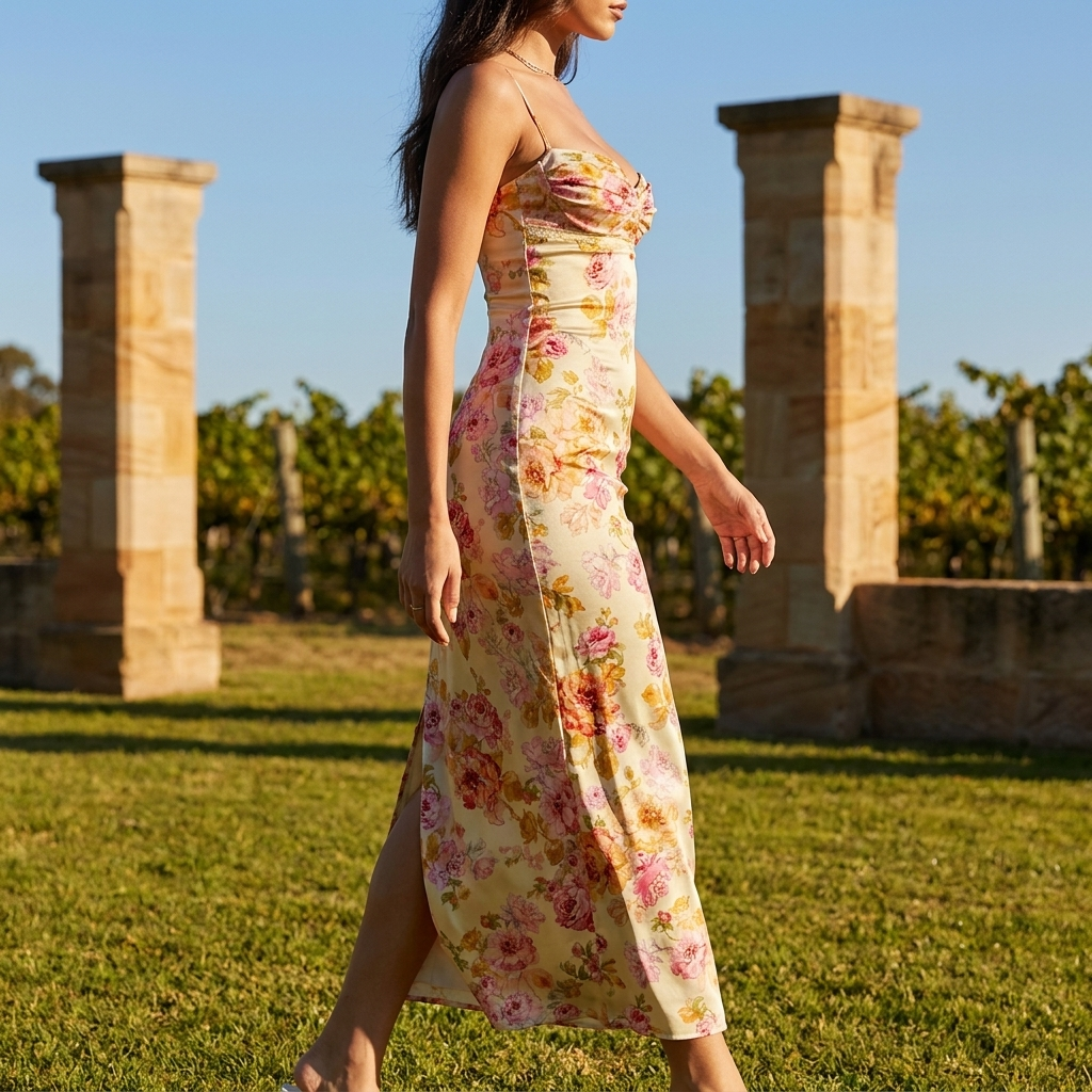 Elowen floral maxi dress side profile in motion