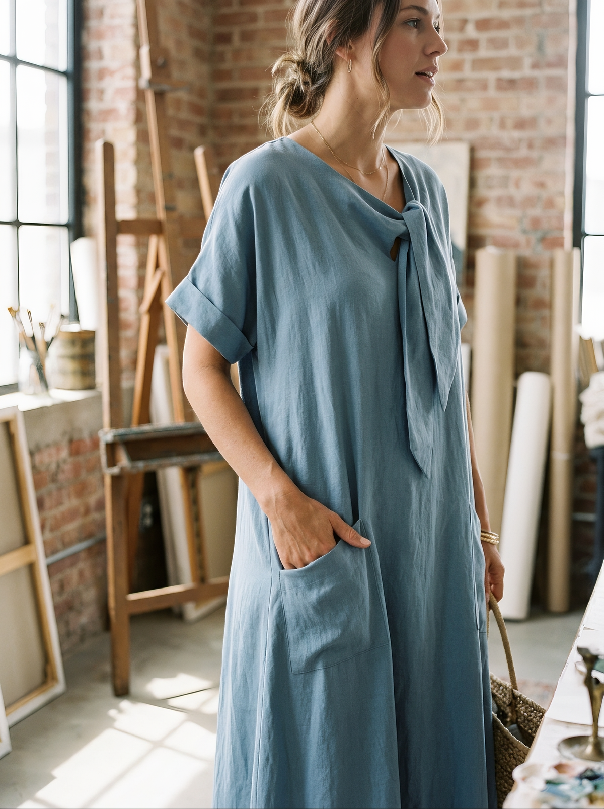 Tie Neck Summer Dress in use detail image