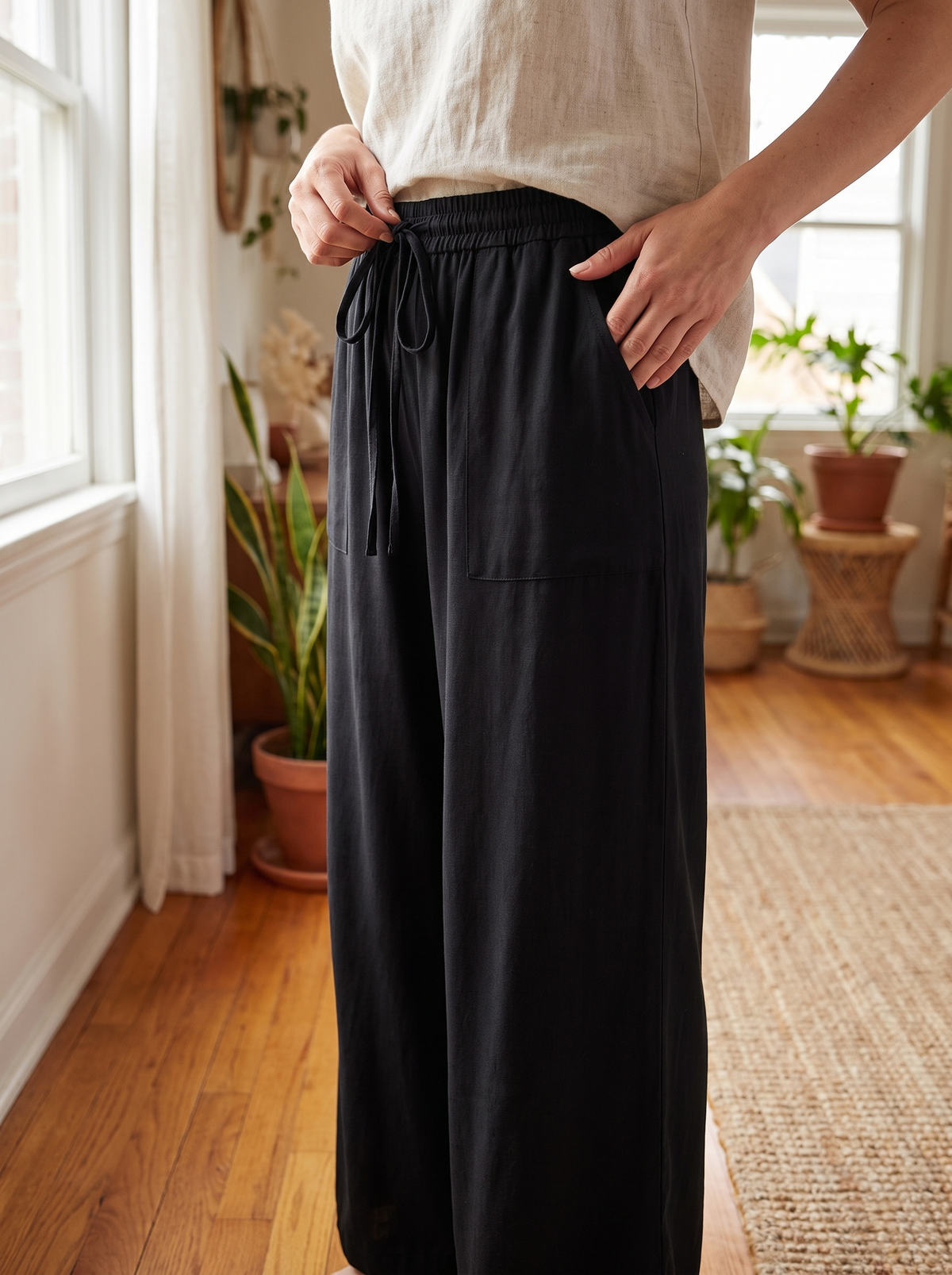 Drawstring Wide Leg Pants in use detail image