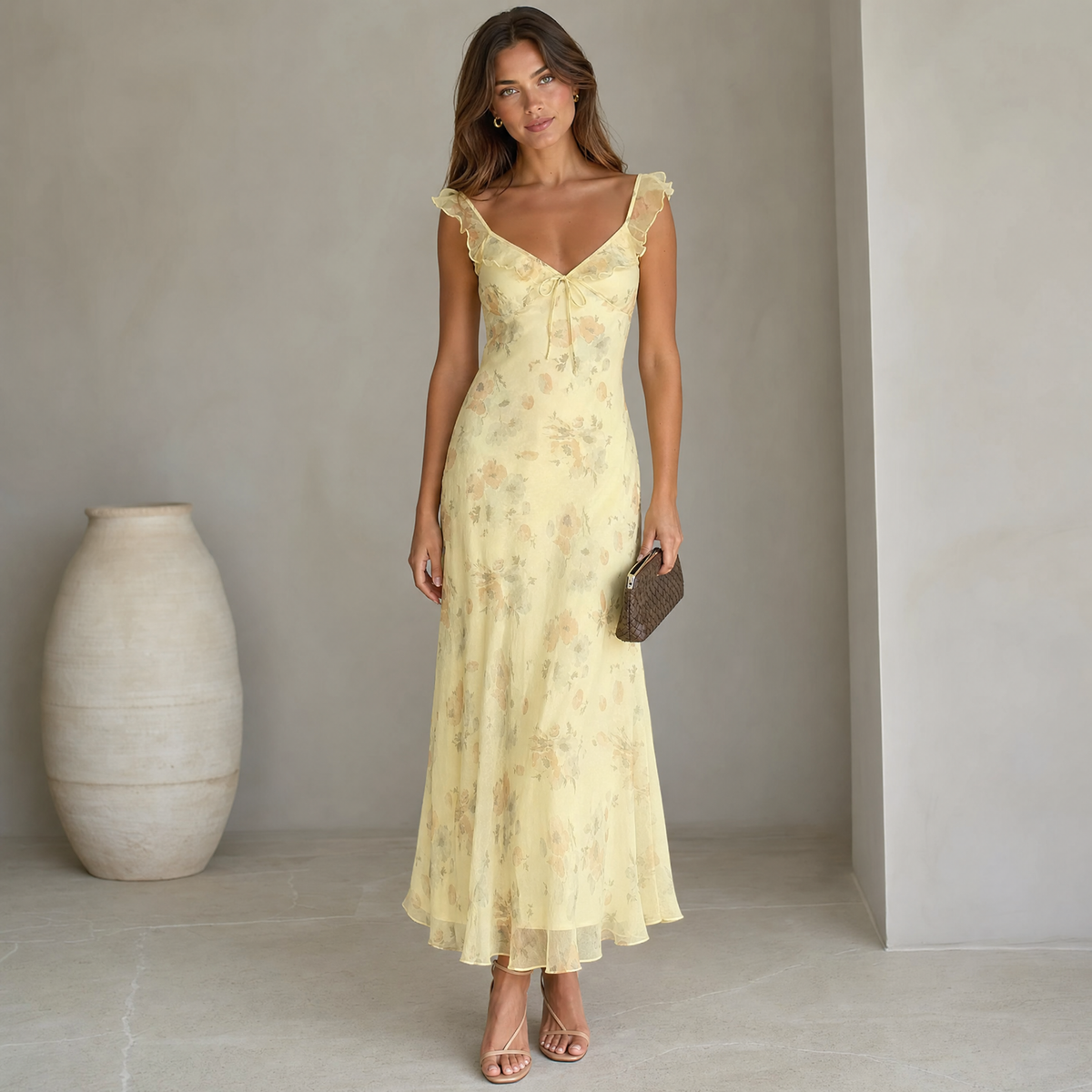 Backless Maxi Dress, Plunge Neck Vacation Dress for Holidays and Beach Days, Lightweight Printed Chiffon, Yellow or Blue, Sizes S to L, Sayreene