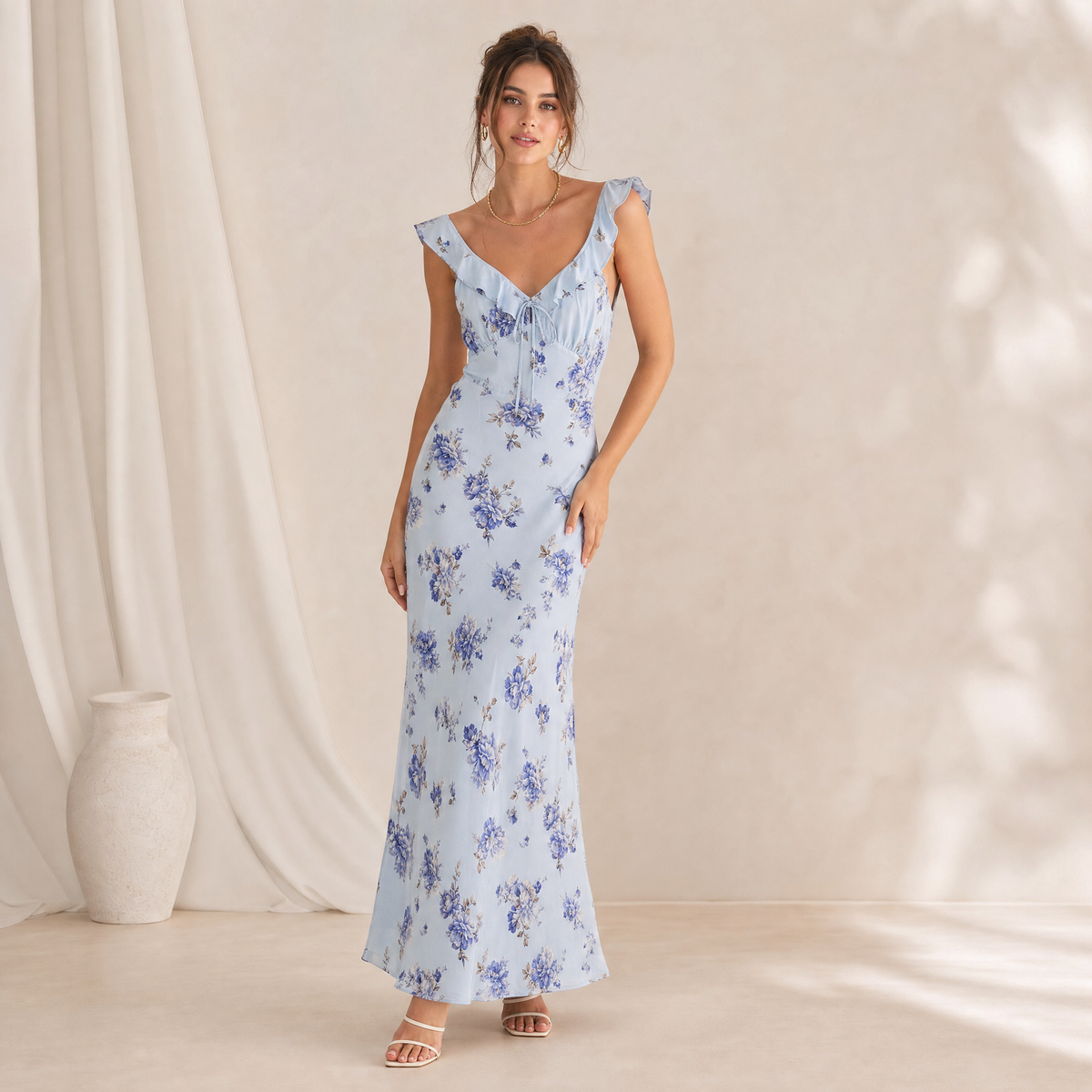 Backless Maxi Dress, Plunge Neck Vacation Dress for Holidays and Beach Days, Lightweight Printed Chiffon, Yellow or Blue, Sizes S to L, Sayreene