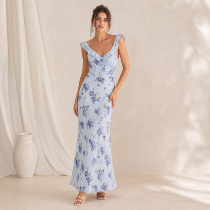 Beach Dress Women, Sleeveless Backless Summer Dress for Resort and Poolside, Lightweight Printed Cotton, Blue or Yellow, Sizes S to L, Sayreene