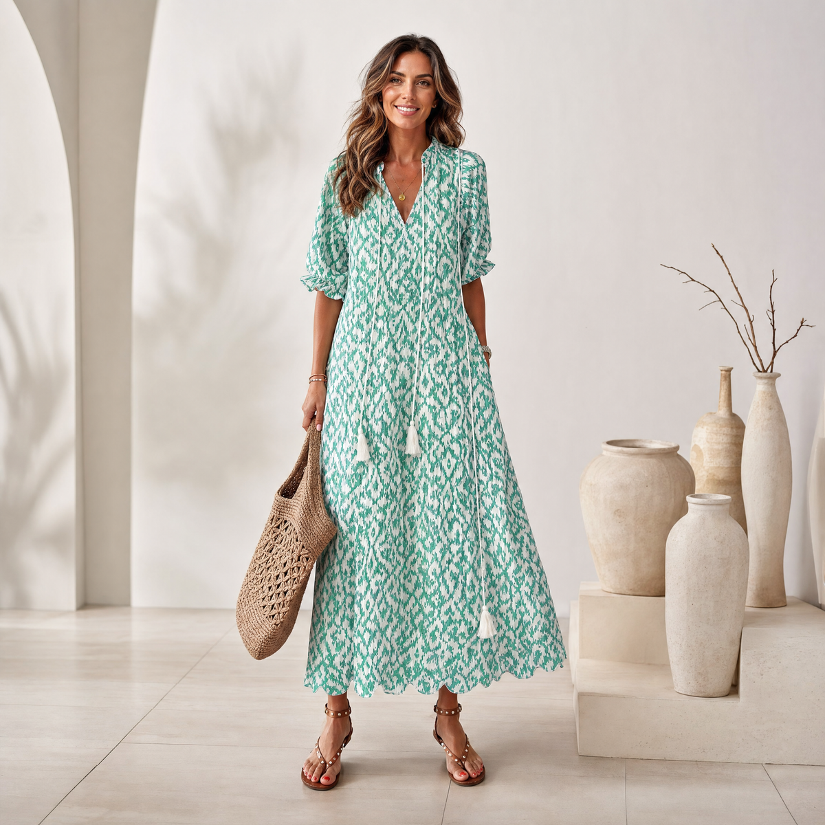 Midi Dress Women Flowy, Lightweight Summer Dress for Work and Weekend, Airy Breathable Fabric, Eight Colours, Sizes S to 3XL, Sayreene