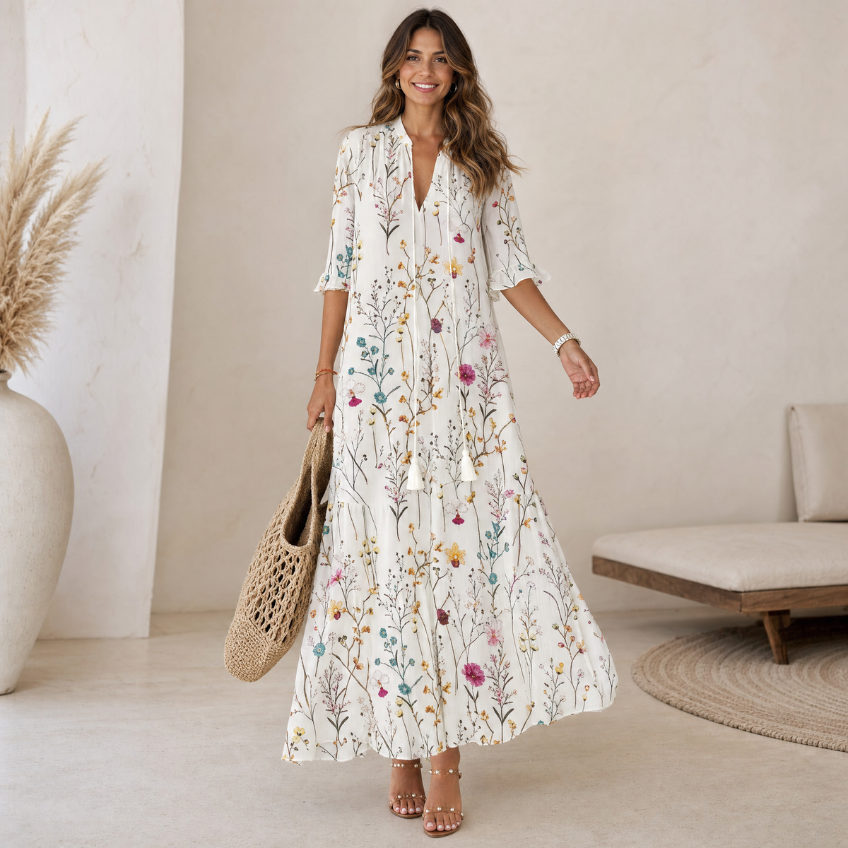 Midi Dress Women Flowy, Lightweight Summer Dress for Work and Weekend, Airy Breathable Fabric, Eight Colours, Sizes S to 3XL, Sayreene