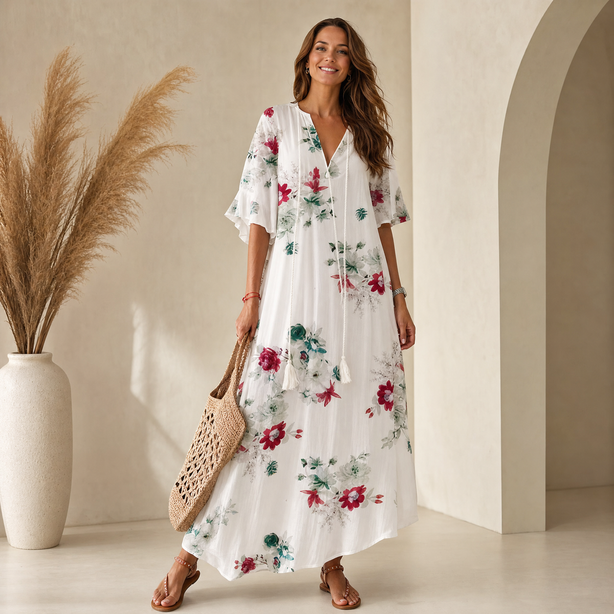 Midi Dress Women Flowy, Lightweight Summer Dress for Work and Weekend, Airy Breathable Fabric, Eight Colours, Sizes S to 3XL, Sayreene