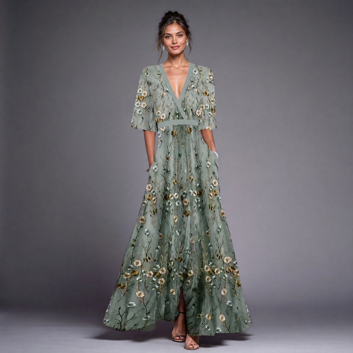 Maxi Dress Women Long, Flowy Summer Maxi for Weddings and Holidays, Printed Lightweight Chiffon, Blue or White, Sizes S to 2XL, Sayreene
