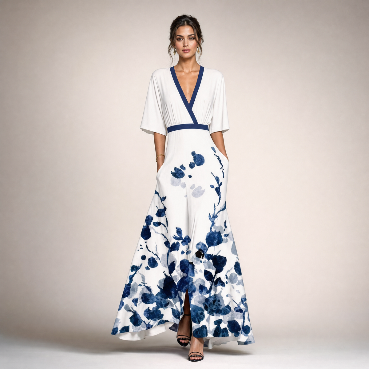 Maxi Dress Women Long, Flowy Summer Maxi for Weddings and Holidays, Printed Lightweight Chiffon, Blue or White, Sizes S to 2XL, Sayreene
