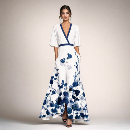 Maxi Dress Women Long, Flowy Summer Maxi for Weddings and Holidays, Printed Lightweight Chiffon, Blue or White, Sizes S to 2XL, Sayreene